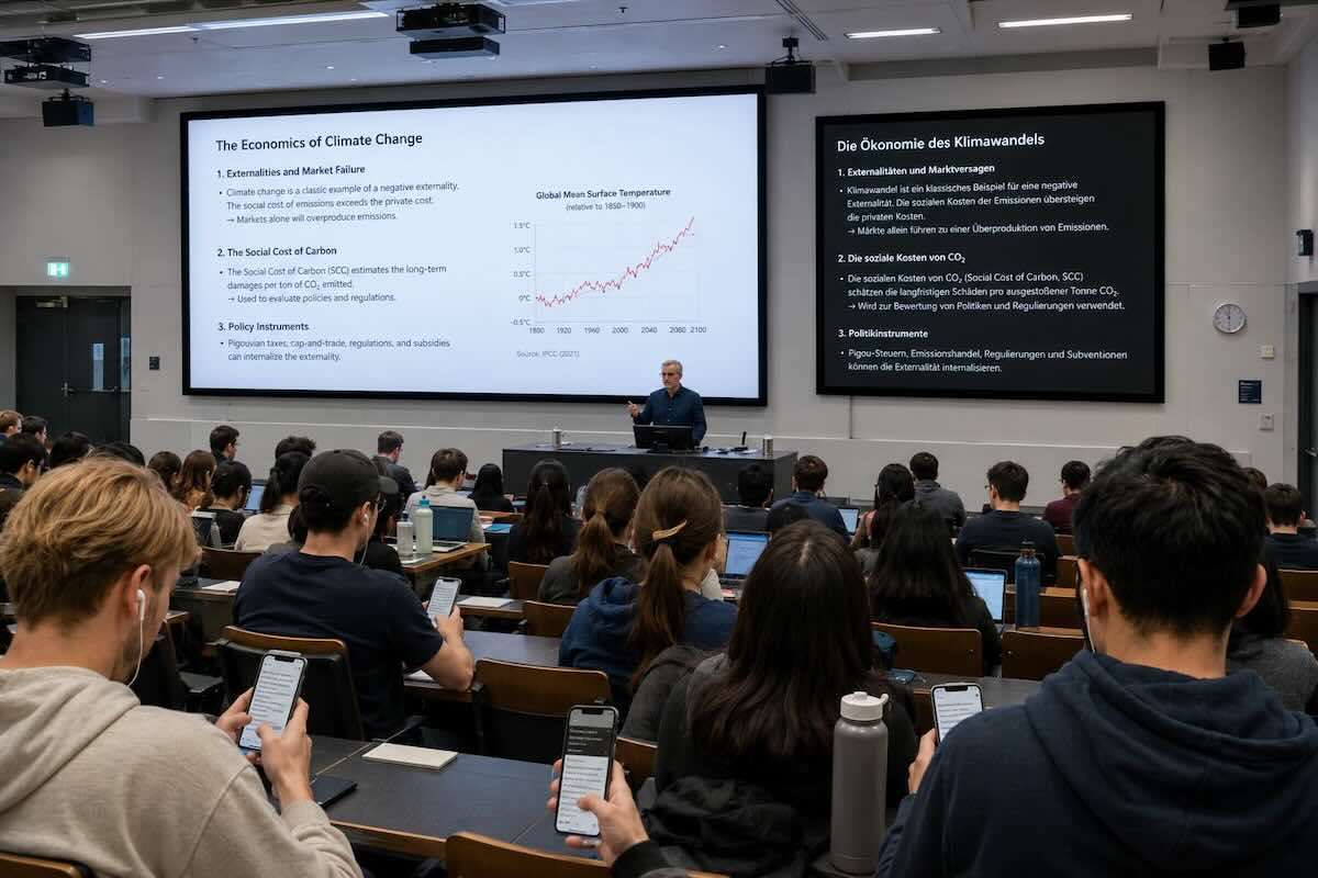 Conference attendees following a panel via the livetranslation.ai browser app on their smartphones